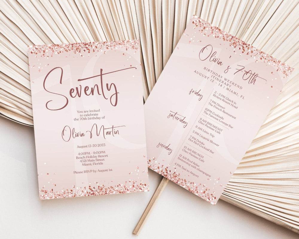 Rose Gold 70th Birthday Weekend Itinerary Template – Printable Editable Invite – Digital Birthday Weekend Schedule Invitation