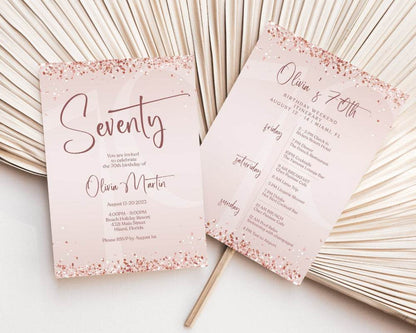 Rose Gold 70th Birthday Weekend Itinerary Template – Printable Editable Invite – Digital Birthday Weekend Schedule Invitation