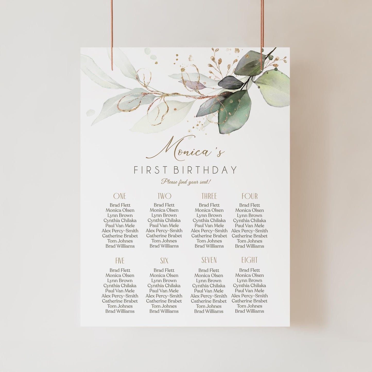 Editable 1st First Birthday Seating Chart, Greenery Seating Sign Template, Any Age Birthday Sign Poster, Birthday Table Seating Plan Decor