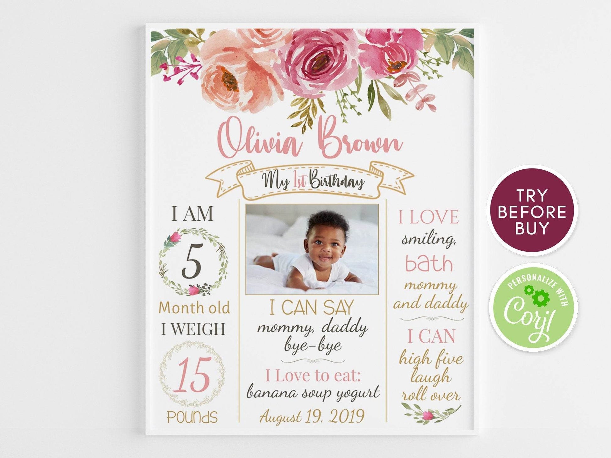 Floral Blush First Birthday Milestone Poster | Editable 1st Birthday Chalkboard Sign | Pink & Gold Girl Birthday Board | Instant Download Template