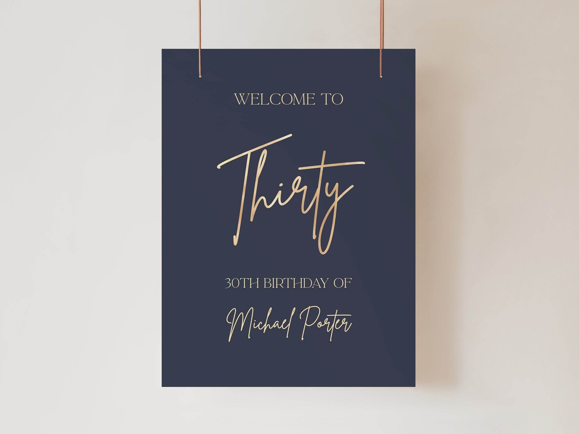 Printable Navy 30th Birthday Welcome Sign Template, Editable Navy Gold Foil Party Poster, Modern Men’s Birthday Decoration, Instant Download