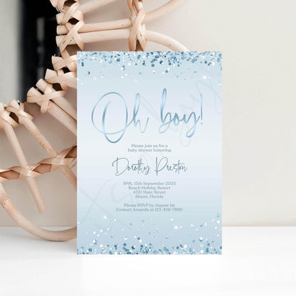 Oh Boy Baby Shower Invitation Template | Editable Blue & Silver Confetti Invite | Boy Baby Shower Digital Evite | Printable Instant Download