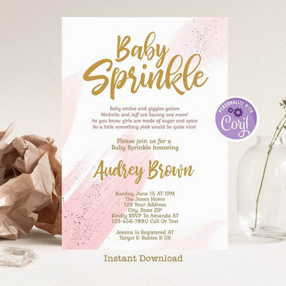 Girl Baby Sprinkle Invitation Template – Blush Pink & Gold Editable Invite Bundle | Printable Baby Shower Invitation | Instant Download