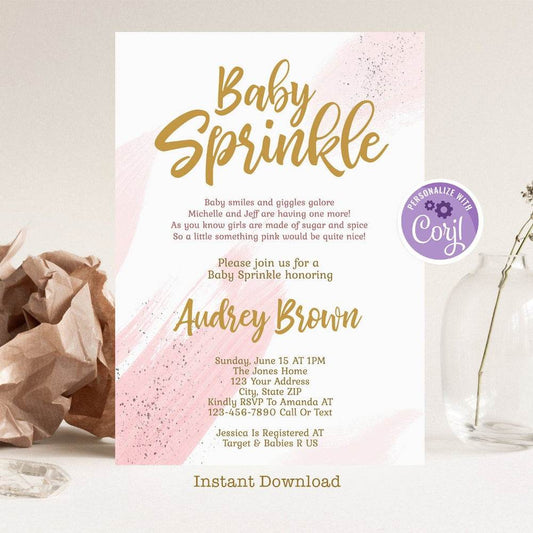 Girl Baby Sprinkle Invitation Template – Blush Pink & Gold Editable Invite Bundle | Printable Baby Shower Invitation | Instant Download