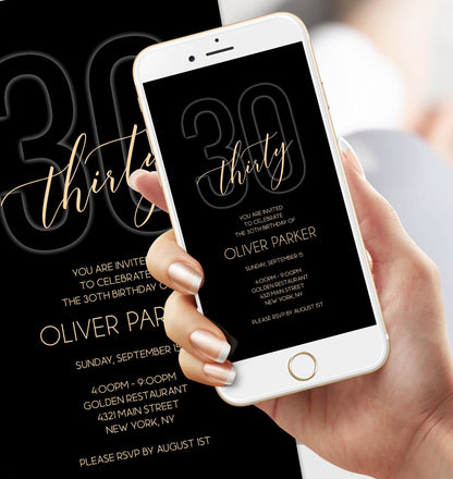 Electronic Black Gold 30th Thirty BIRTHDAY Invitation Evite, Phone Email text message invite, Editable Template, Digital Mens Invitation DIY