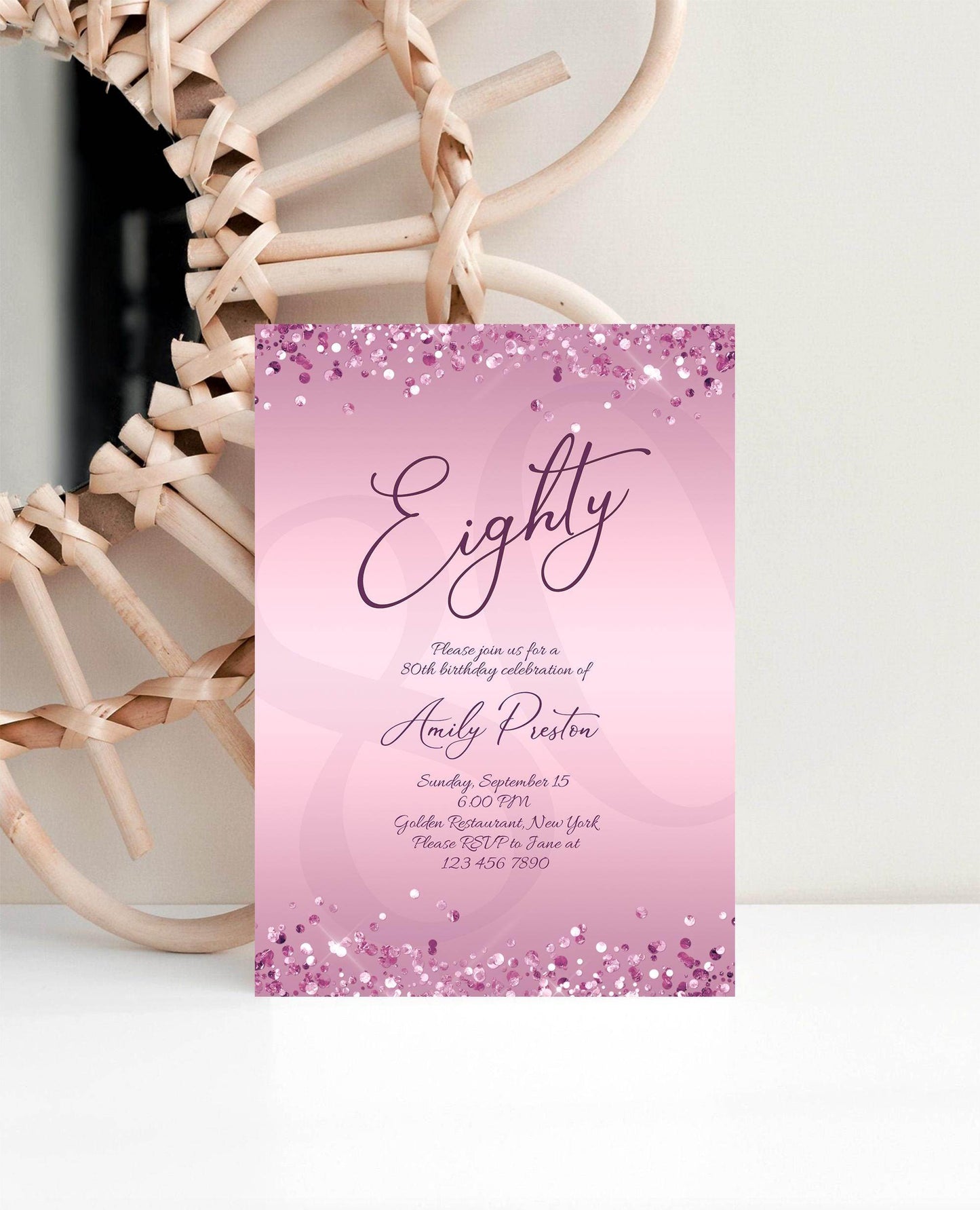 Editable 80th Birthday Invitation Template, Printable Purple Lavender Party Invite, Luxury Email Text Message Birthday Card, Instant Download