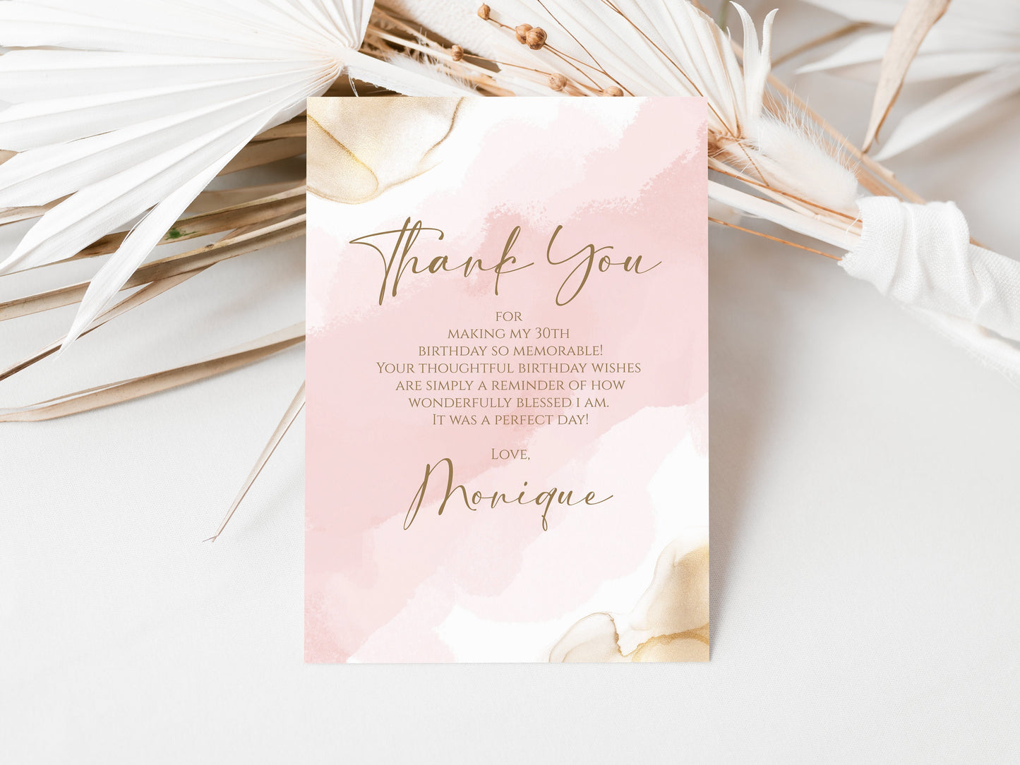 Pink Gold Watercolor Birthday Thank You Card, Thank You Card Anniversary, Editable Thank You Card, Thank You Template, Pink Digital Template