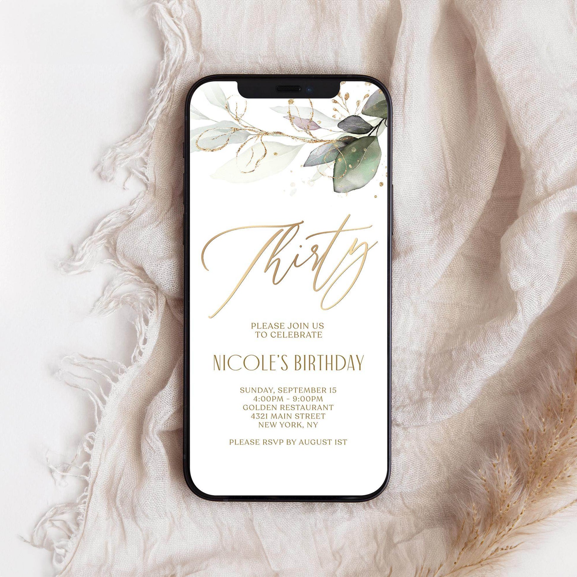 Greenery 30th Birthday Invitation – Digital Boho Thirty Invite – Editable Mobile Text Message Evite – Phone Party Template – Instant Download