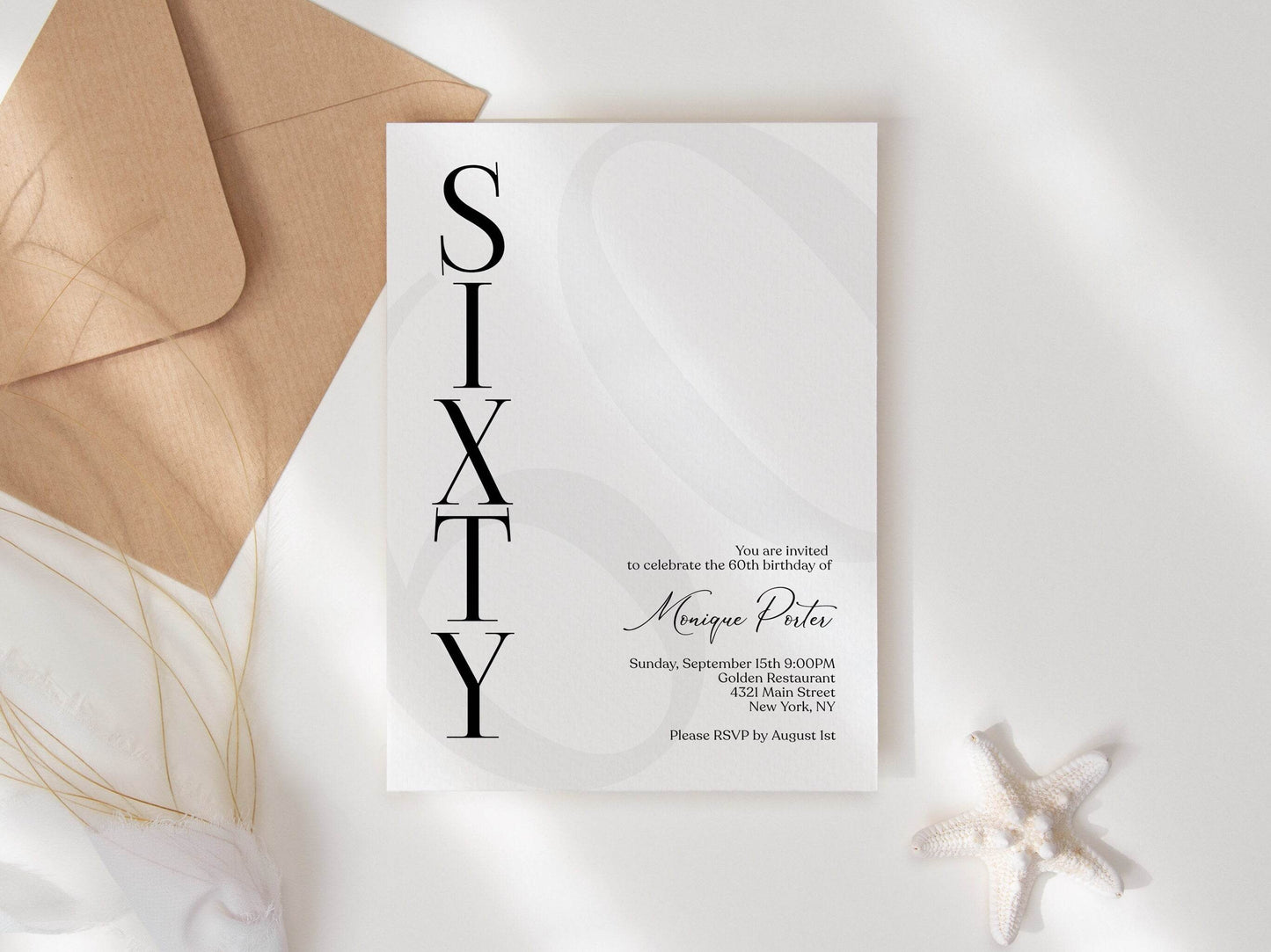 Simple 60th Birthday Invitation Template, Printable Black and White Editable Invite, Modern Elegant Sixty Birthday Party Invitation