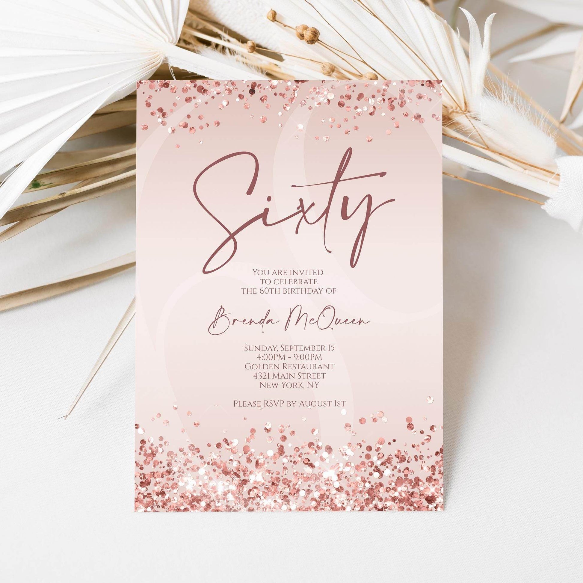 Editable 60th Birthday Invitation Template, Rose Gold Confetti Digital Card, Printable Sixty Birthday Evite, Pink Text Message Invite