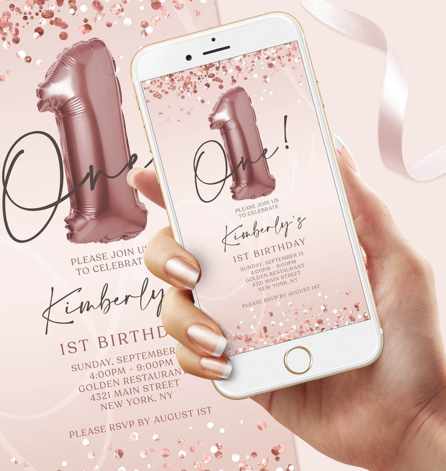 Digital 1st One Baby Girl Birthday Invitation Template, Electronic Rose Gold Invite, Mobile Birthday Invitation, Editable Text Message Evite