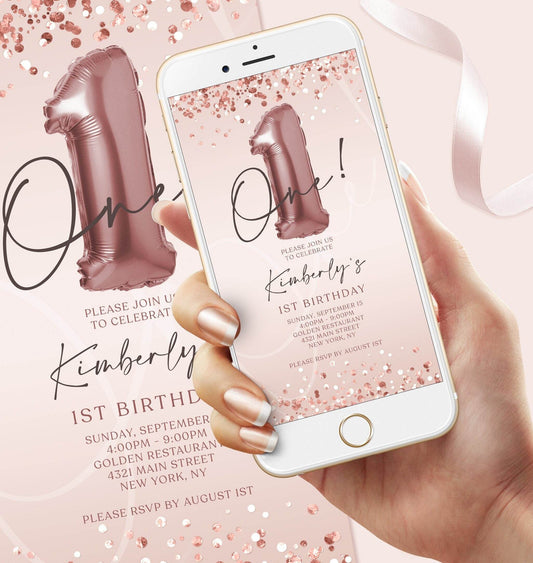 Digital 1st One Baby Girl Birthday Invitation Template, Electronic Rose Gold Invite, Mobile Birthday Invitation, Editable Text Message Evite