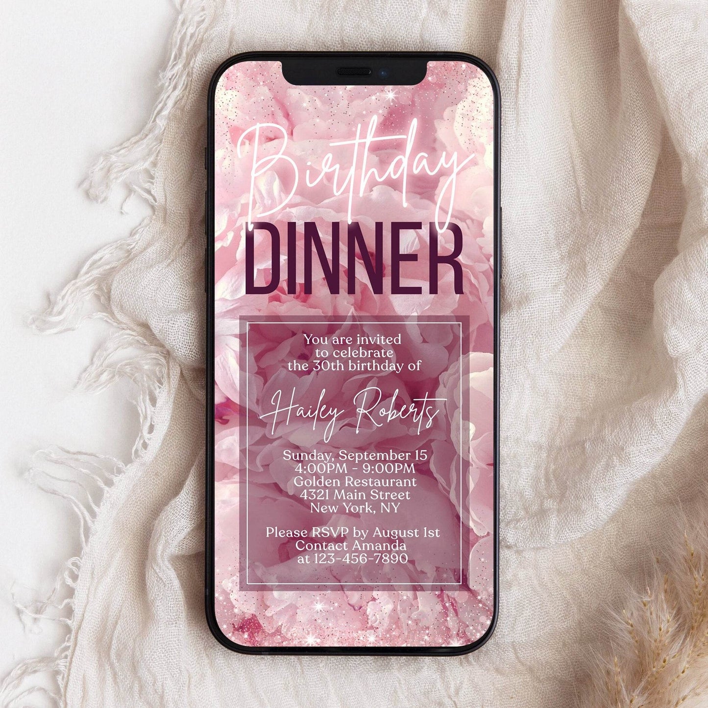 Digital Blush Pink Floral Birthday Dinner Party Invitation, Electronic Birthday Dinner Invite, Editable Phone Template, Text Message Evite