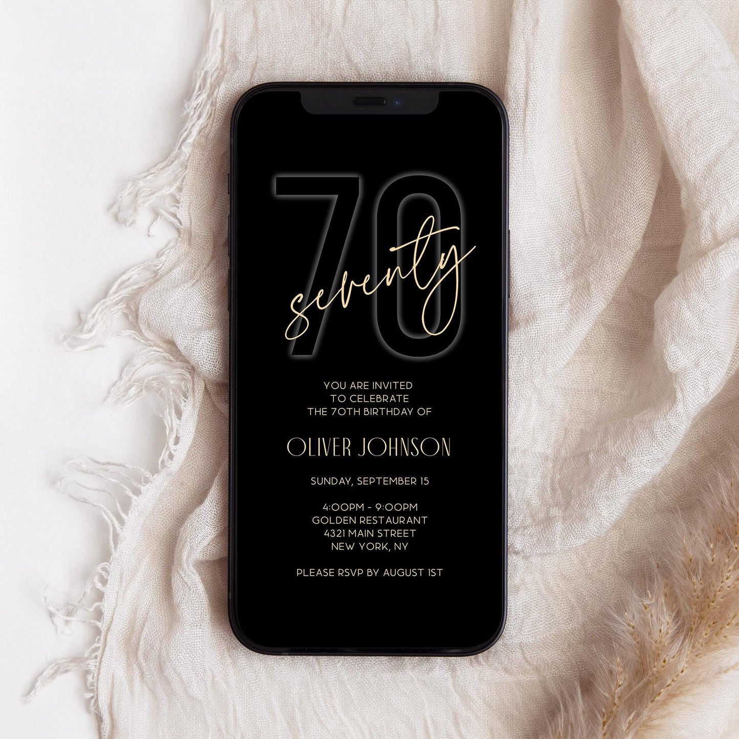 Electronic Black Gold 70th Seventy BIRTHDAY Invitation Evite, Phone Email text message invite, Editable Template, Digital Mens Invite DIY
