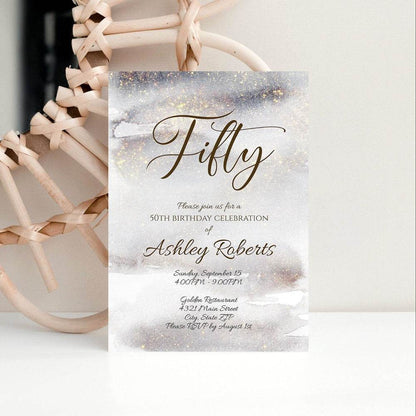 Luxury Fifty Watercolor Gold Glitter 50th Birthday Invitation | Editable, Printable, DIY, Instant Download