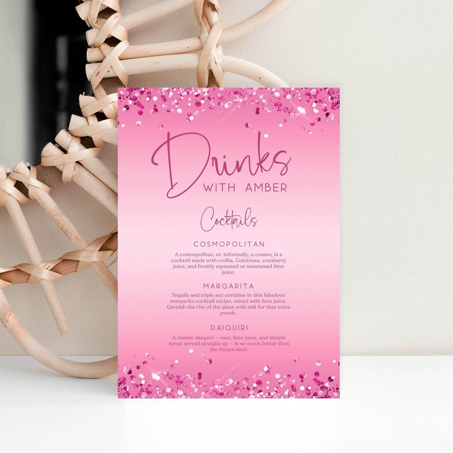 Cocktail Drinks Menu Signage Template – Editable Pink Signature Drinks Menu | Custom Name Printable for Birthday, Bachelorette, Hens Party | Instant Digital Download