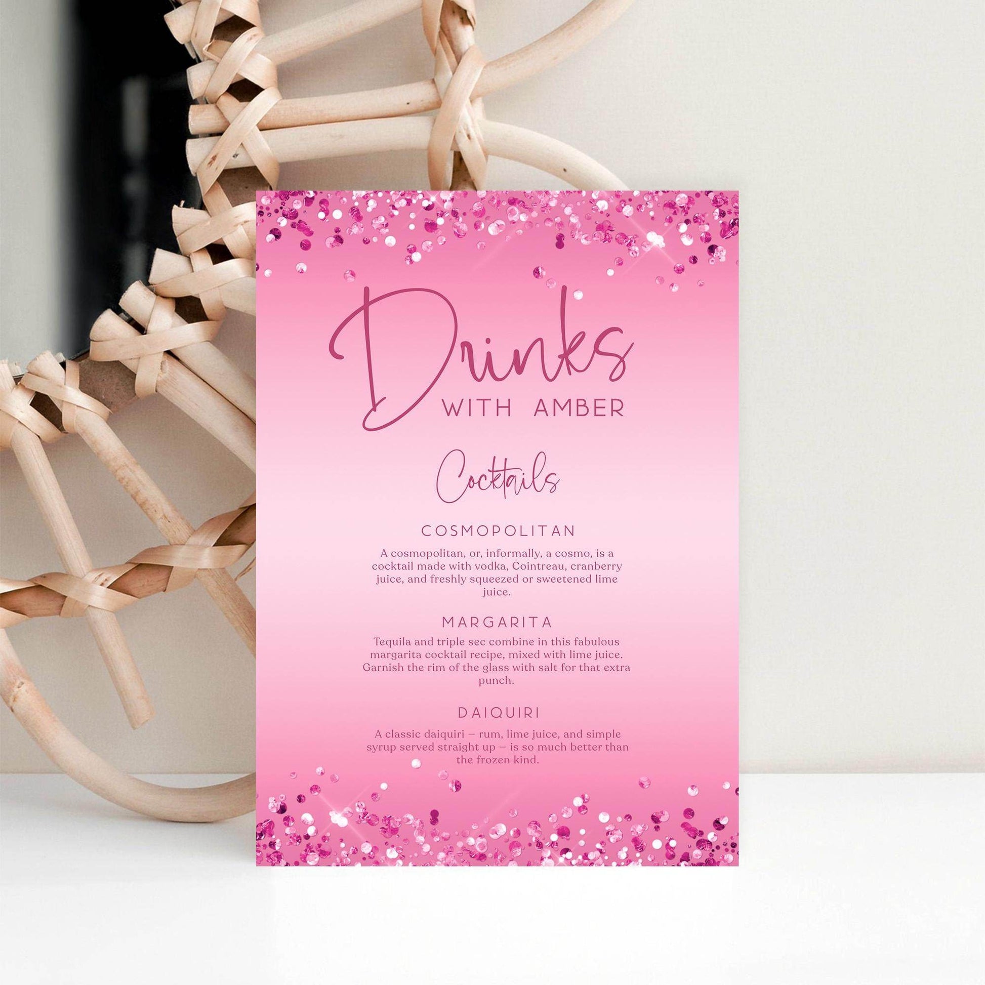 Cocktail Drinks Menu Signage Template – Editable Pink Signature Drinks Menu | Custom Name Printable for Birthday, Bachelorette, Hens Party | Instant Digital Download
