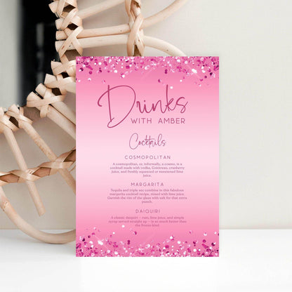Cocktail Drinks Menu Signage Template – Editable Pink Signature Drinks Menu | Custom Name Printable for Birthday, Bachelorette, Hens Party | Instant Digital Download