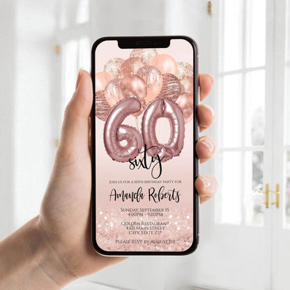 Digital 60th Birthday Invitation Template, Rose Gold Balloons Sixty Editable Invite, Text Message Evite, Phone Invitation, Instant Download