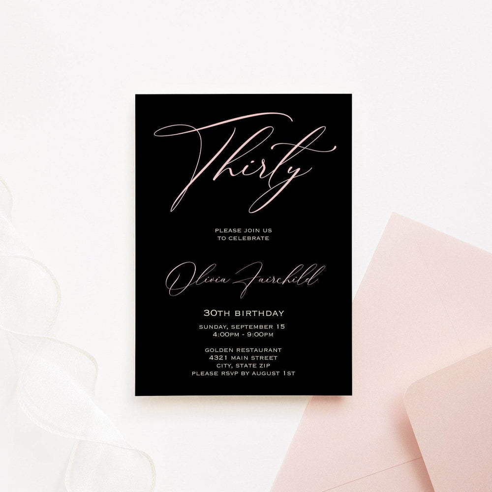 Elegant 30th Birthday Invitation Template, Printable Black Calligraphy Invite, Editable Thirty Party Card for Women, Digital Download