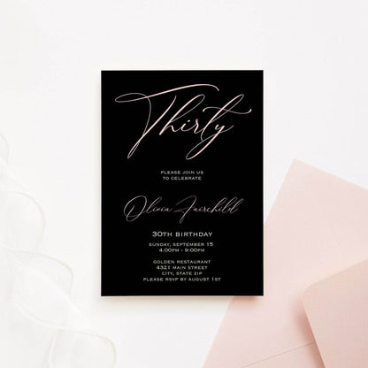 Elegant 30th Birthday Invitation Template, Printable Black Calligraphy Invite, Editable Thirty Party Card for Women, Digital Download
