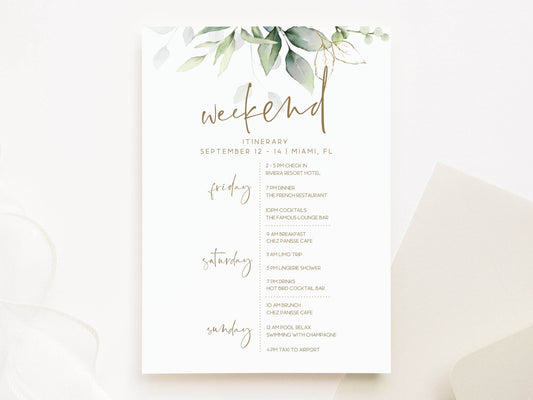 Printable Itinerary Template, Birthday or Hens Weekend Schedule, Editable Bachelorette Party Itinerary, Greenery Gold Leaves, Instant Download