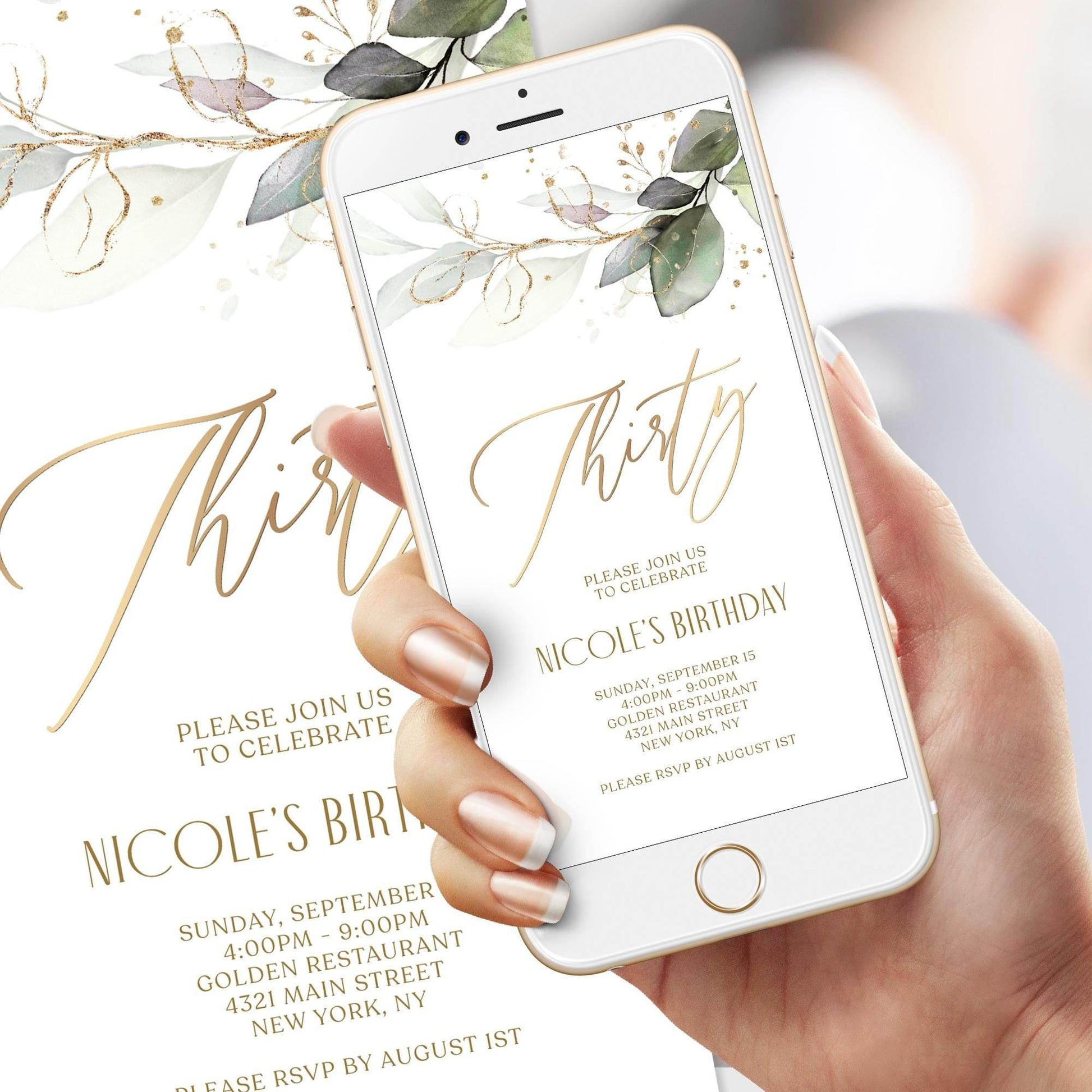 Greenery 30th Birthday Invitation – Digital Boho Thirty Invite – Editable Mobile Text Message Evite – Phone Party Template – Instant Download