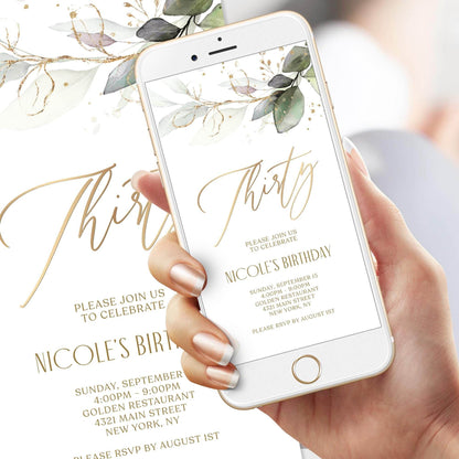 Greenery 30th Birthday Invitation – Digital Boho Thirty Invite – Editable Mobile Text Message Evite – Phone Party Template – Instant Download