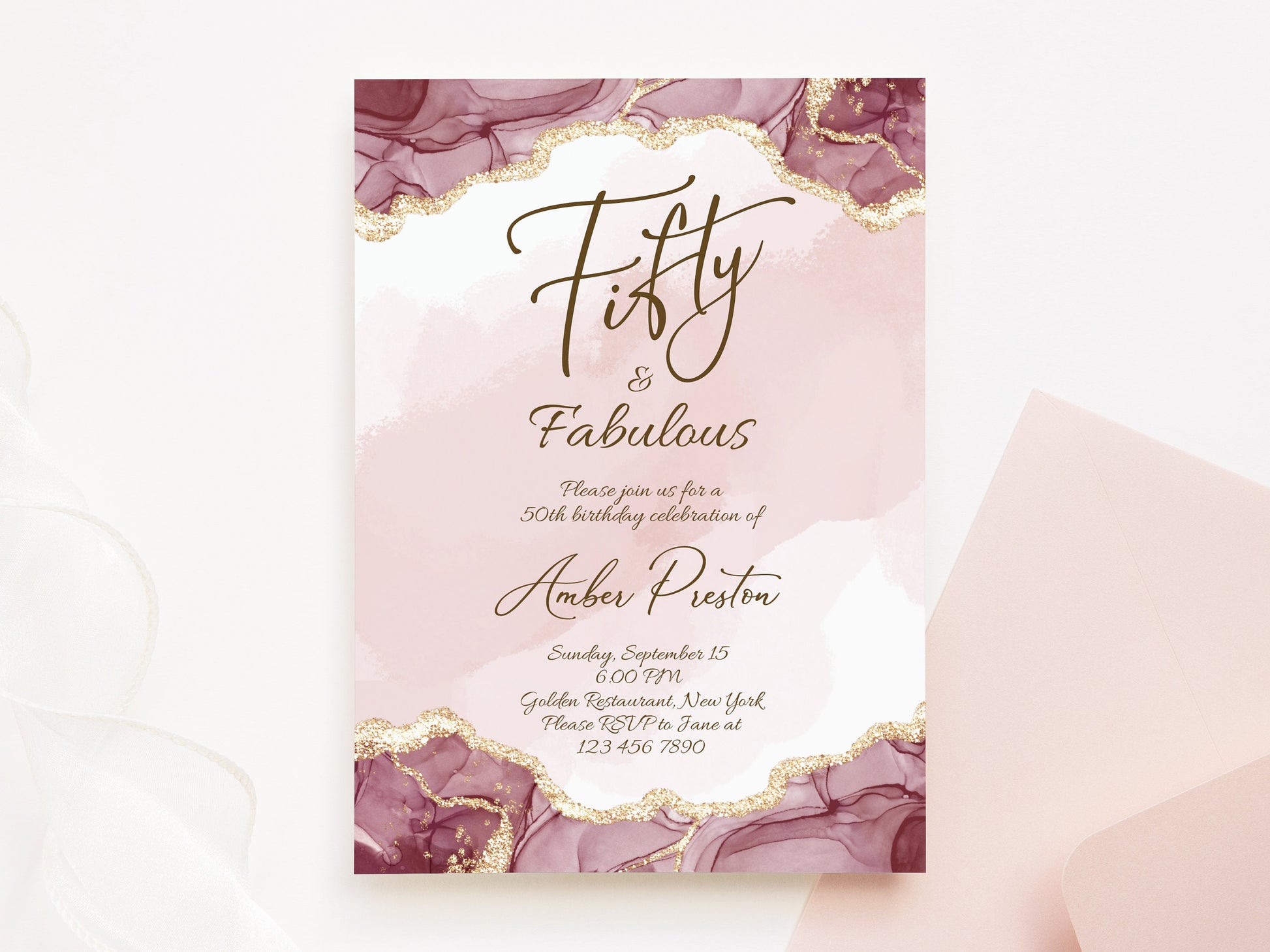 Shades of Pink 50th Fifty & Fabulous Birthday Invitation for Her, Fifty Surprise Party Invite, Editable Template, Printable Women Invite