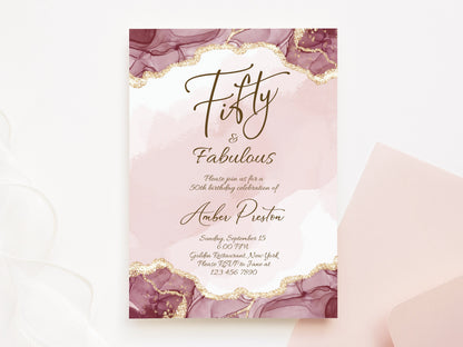 Shades of Pink 50th Fifty & Fabulous Birthday Invitation for Her, Fifty Surprise Party Invite, Editable Template, Printable Women Invite