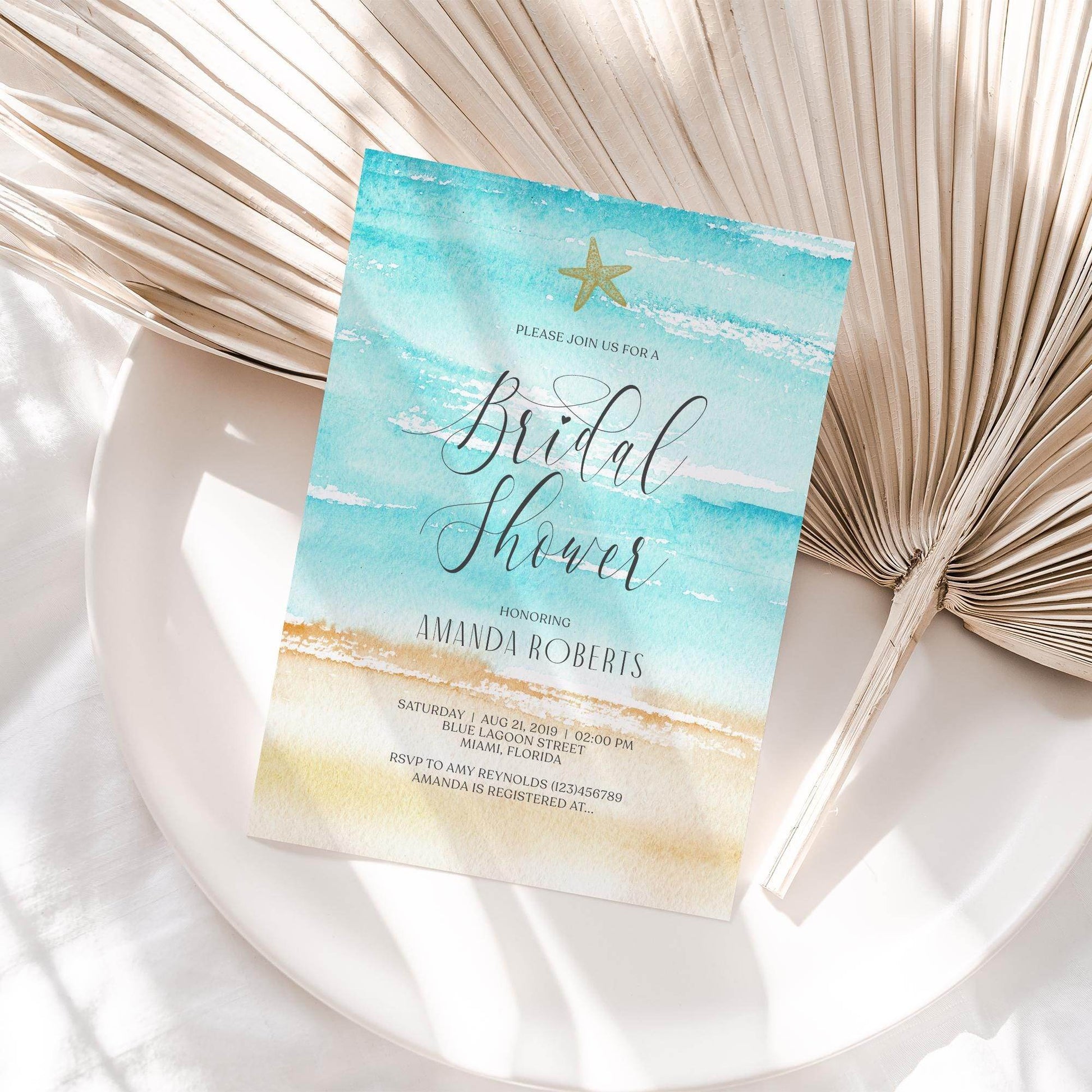 Editable Watercolor Beach Bridal Shower Invitation – Starfish Beach Theme Invite – Printable Bridal Shower Template – Instant Download