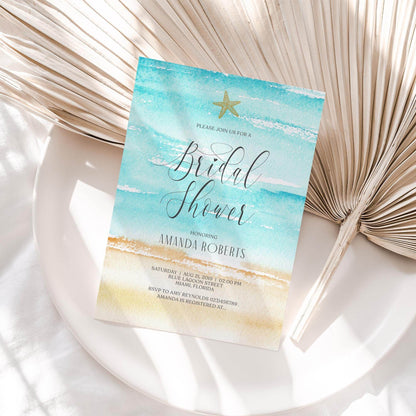 Editable Watercolor Beach Bridal Shower Invitation – Starfish Beach Theme Invite – Printable Bridal Shower Template – Instant Download