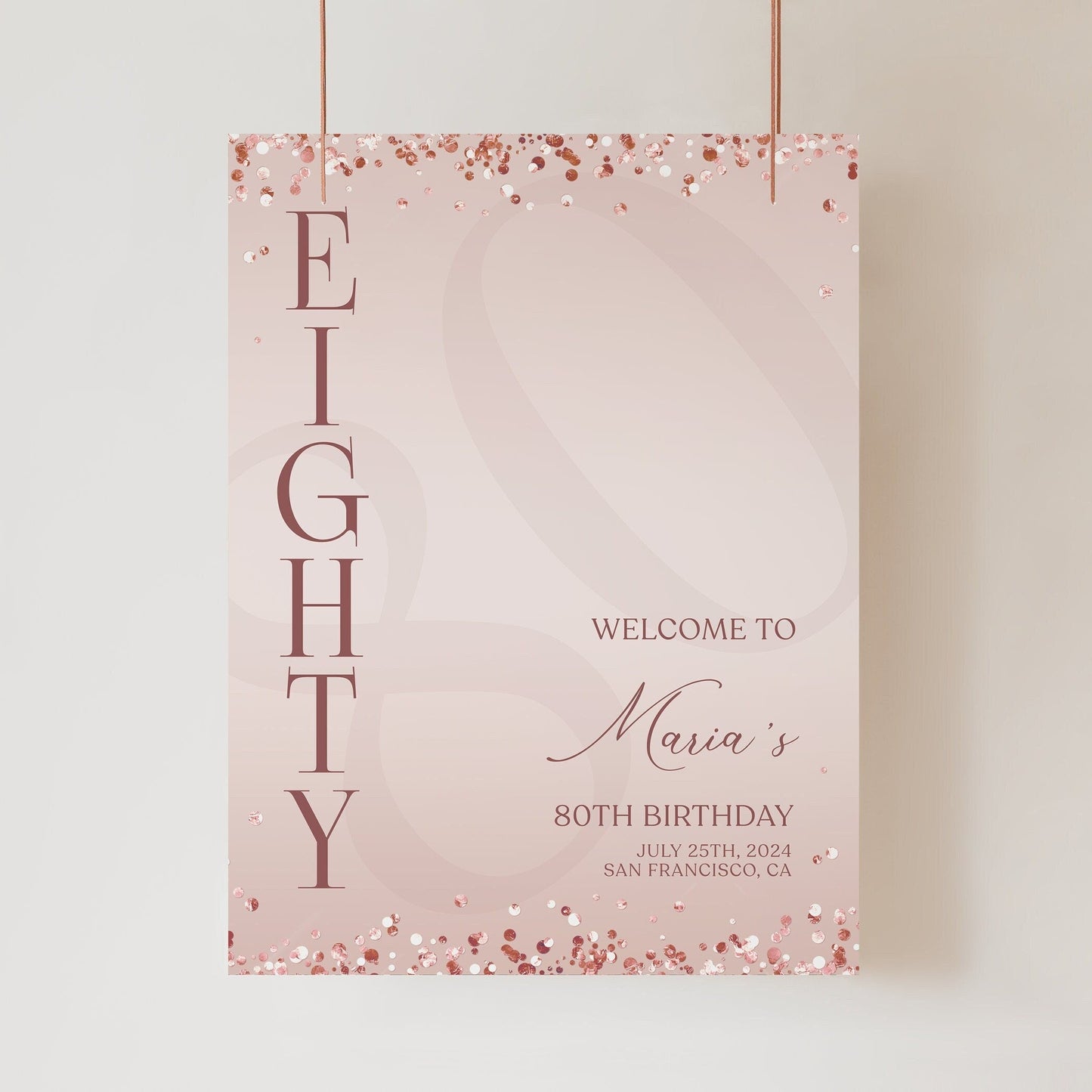 Printable Rose Gold 80th Eighty Birthday Welcome Sign Template, Editable Sign, Blush Pink Birthday Welcome Sign Poster, Modern Welcome Board