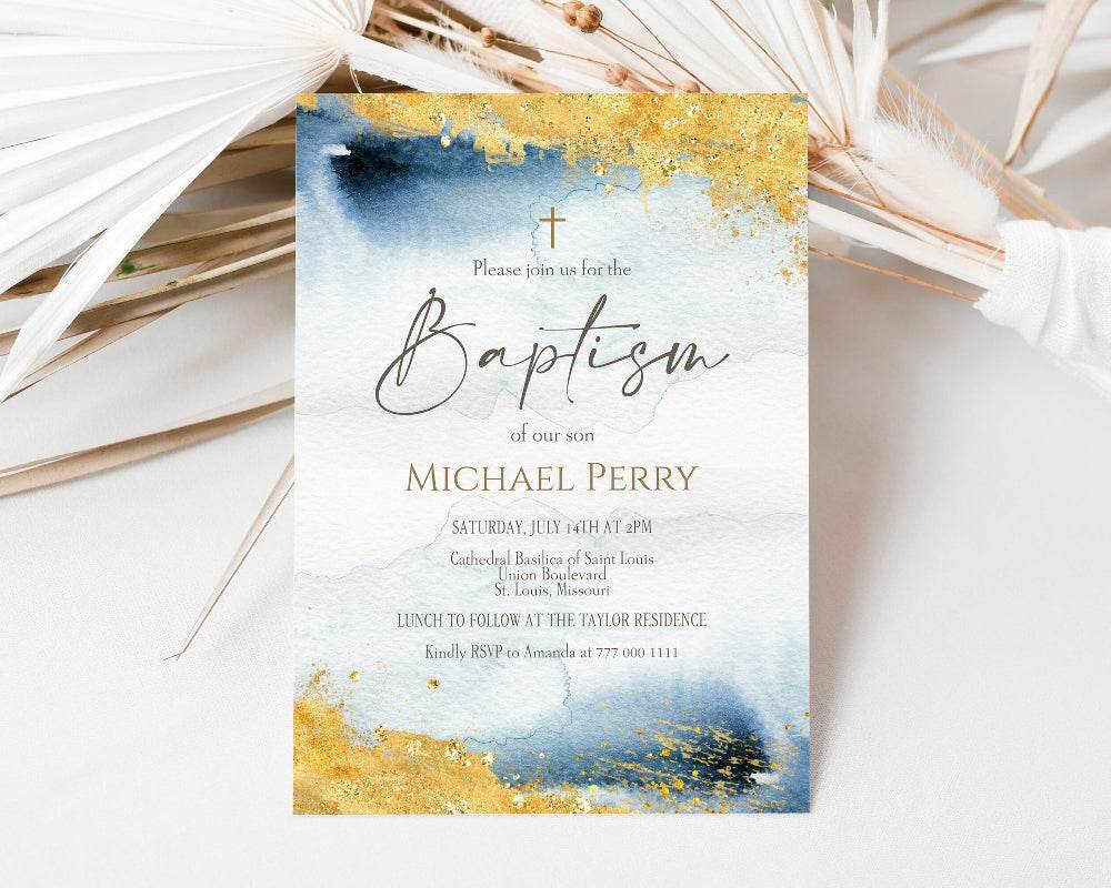 Boy Blue Gold Watercolor Baptism Invitation Template, Printable Boy Baptism Invite, Editable DIY Baptism Invitation, Email Text Message Evite, Instant Download