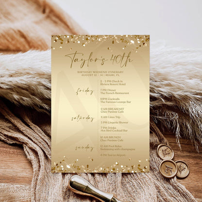 Editable Gold 40th Forty Birthday Itinerary Template, Printable Luxury Weekend Itinerary, Any Age Birthday Itinerary, Email Text Message