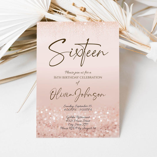 Girl 16th Sixteen Invitation Template Printable, Pink Birthday Party Invite, Editable Rose Gold Glitter Birthday Invitation Instant Download