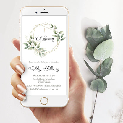 Christening Invitation Evite Template, DIGITAL Electronic Invite, Christening Invite, Phone Invitation, Gold Greenery, Text Message Invite