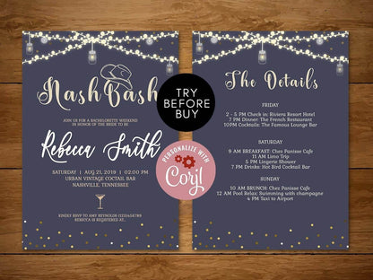 Nash Bash Bachelorette Party Invitation with Itinerary, Nashville Weekend Invite, INSTANT DOWNLOAD, Editable Template, Printable Digital DIY