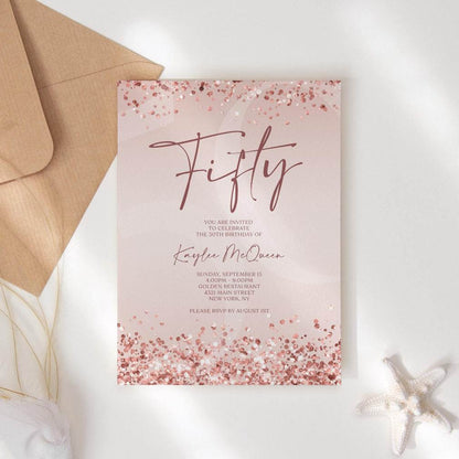 Rose Gold 50th Birthday Invitation Template | Printable Editable Pink Woman Birthday Invite | Text Message Evite | Digital Instant Download