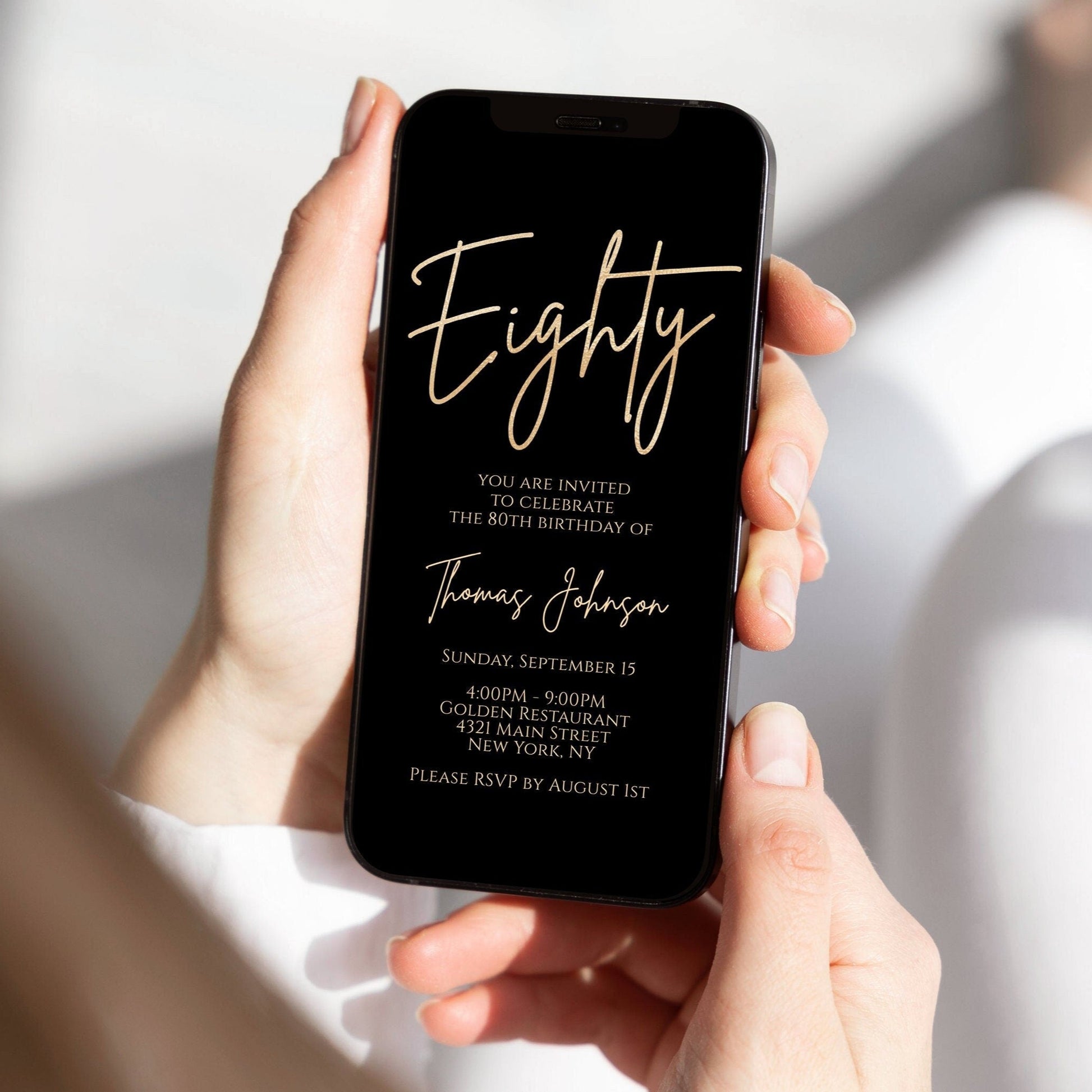 80th Birthday Text Invitation Template | Digital Black & Gold Phone Invite | Editable Electronic Birthday Evite | Instant Download