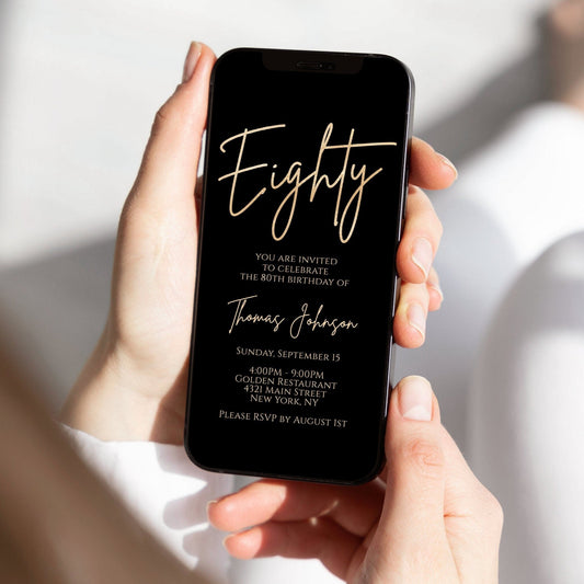 80th Birthday Text Invitation Template | Digital Black & Gold Phone Invite | Editable Electronic Birthday Evite | Instant Download