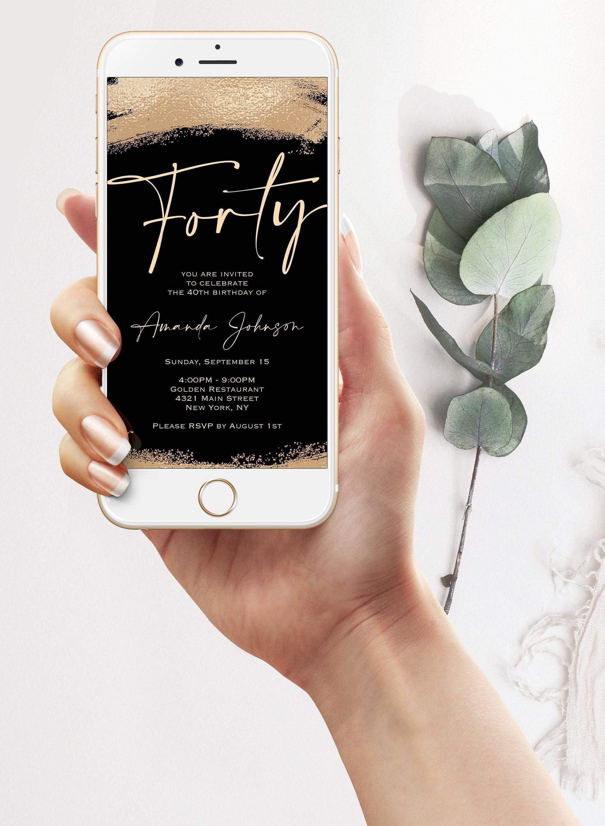 Electronic 40th Birthday Evite Invitation, Forty Gold Foil Invitation, Evite Birthday, Text Message Email, Smartphone Digital Invite Phone