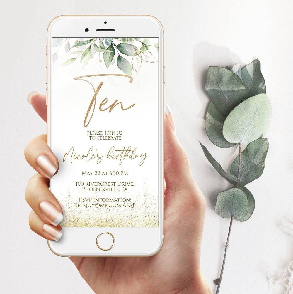 Editable 10th Birthday Gold Boho Floral Greenery Invitation – Electronic Phone Evite | Mobile SMS Birthday Invite | Digital Download