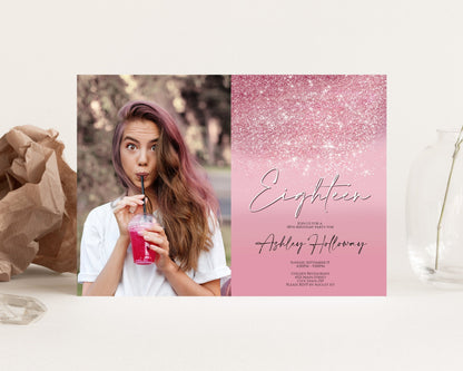 Eighteen Pink Rose Gold Glitter Photo Birthday Invitation, Editable Template, 5x7, 18th Birthday Party Printable Invite , Instant Download