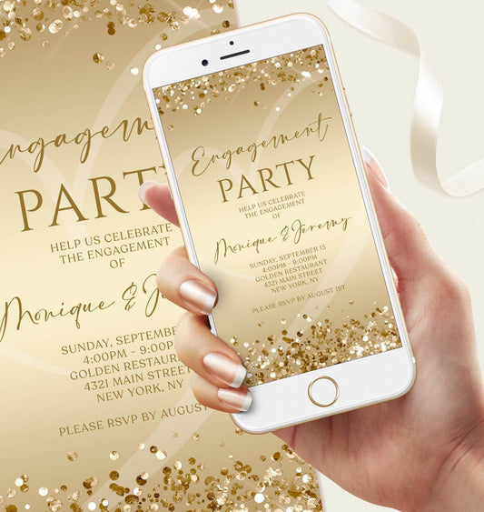 Digital Engagement Party Invitation Template, Editable Electronic Engagement Announcement Evite, Gold Confetti Text Message Invitation, Instant Download