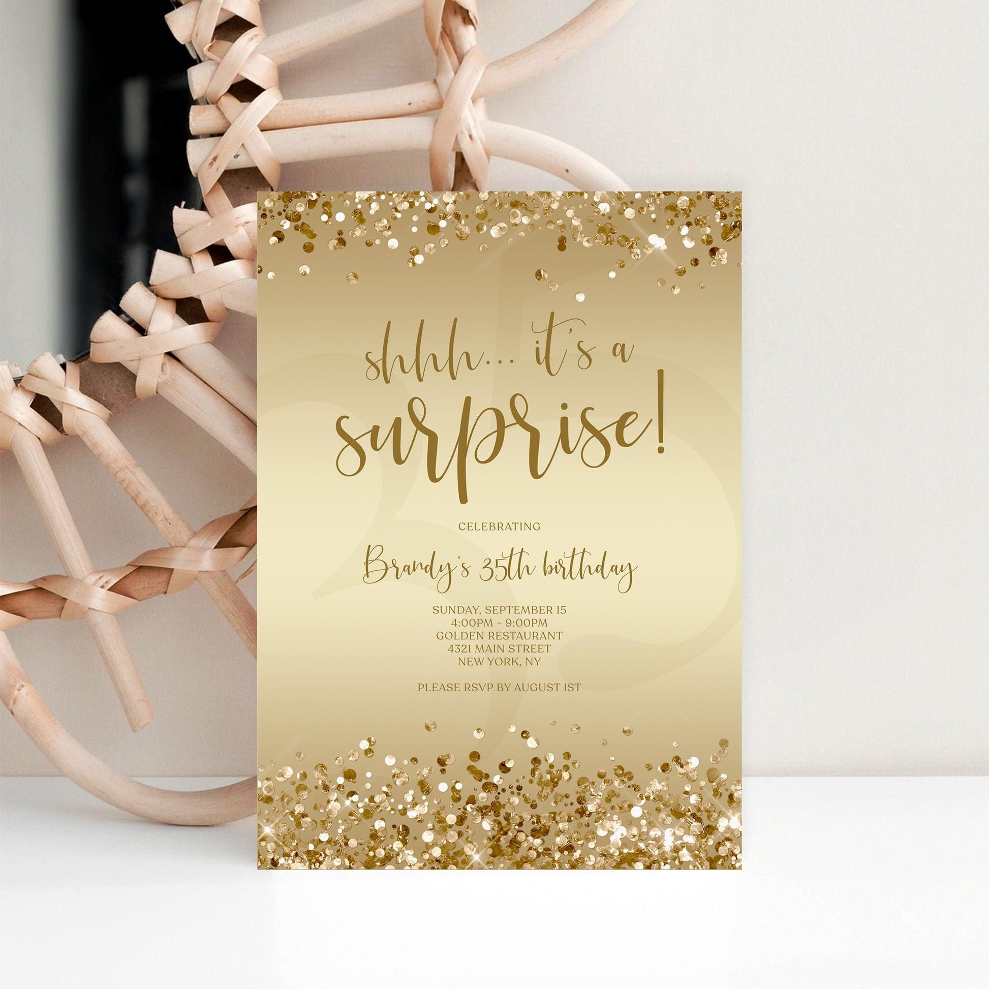 Gold Surprise Party Invitation Template - Editable Birthday Invite