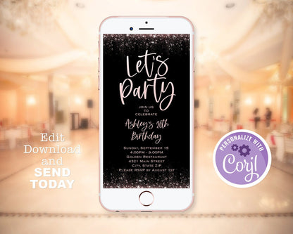 Black Rose Gold Let's Party E-Invite, 20th Birthday Invitation, Rose Gold Evite, twenty text Message Invite, digital file, Instant download