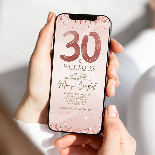 Digital Thirty and Fabulous Dinner Party Invite, 30th Birthday Invitation, Editable Rose Gold Ladies Evite, Electronic Text Message Evite