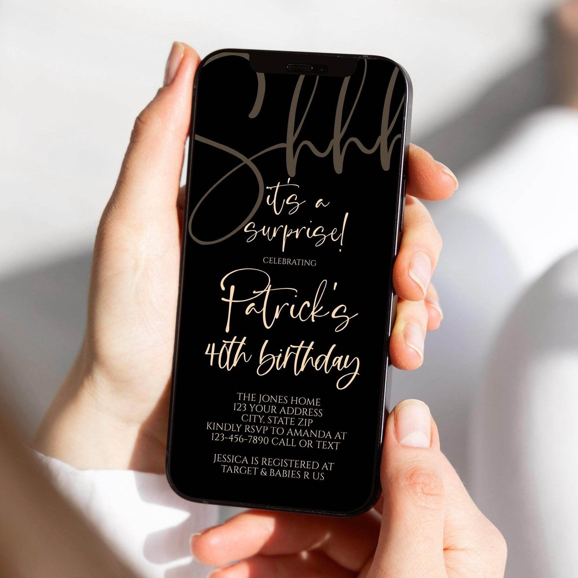 Digital Black Gold Shhh It's a Surprise Electronic 40th Birthday Invitation, Any Age, Editable Text Message Evite, Phone Invite Template