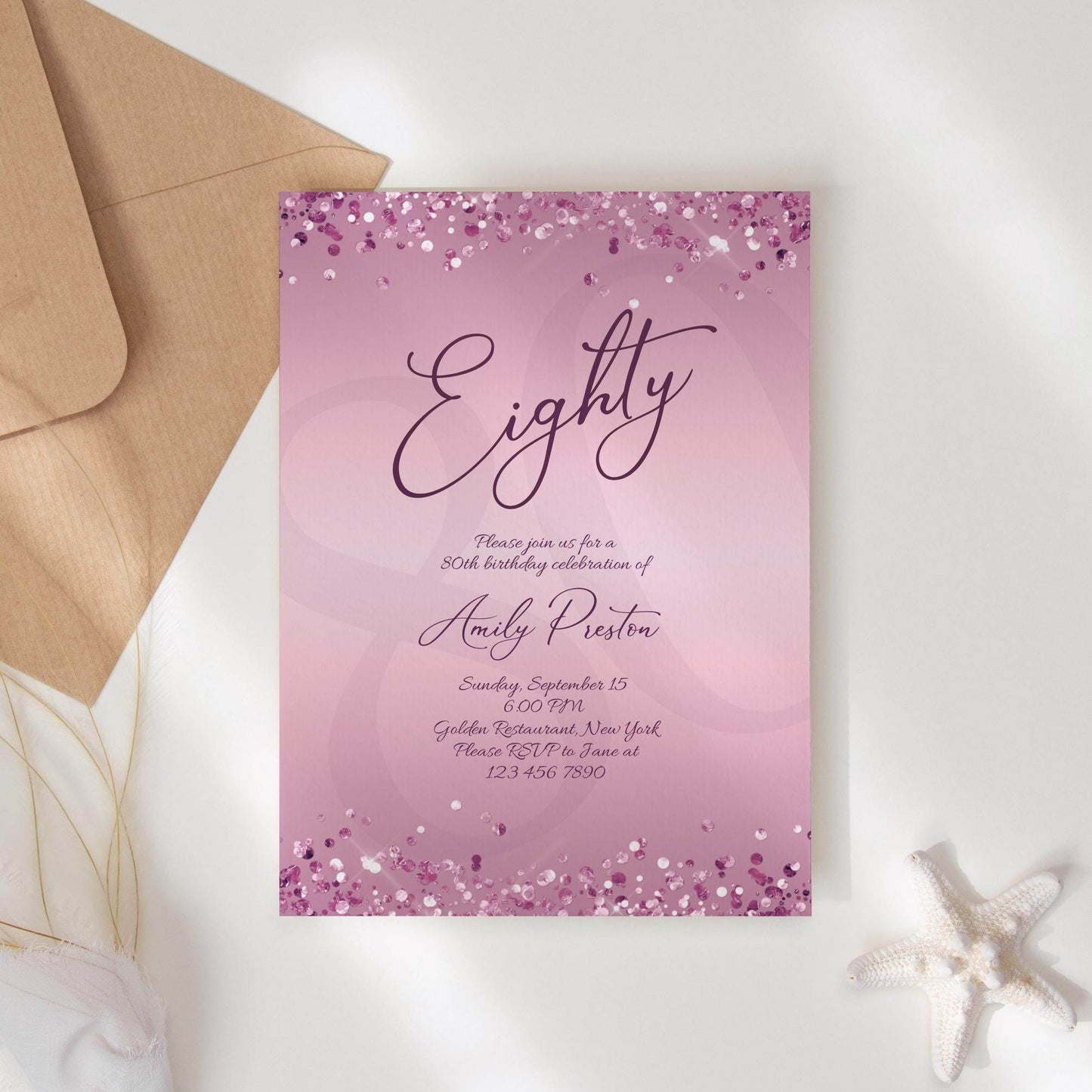 Editable 80th Birthday Invitation Template, Printable Purple Lavender Party Invite, Luxury Email Text Message Birthday Card, Instant Download